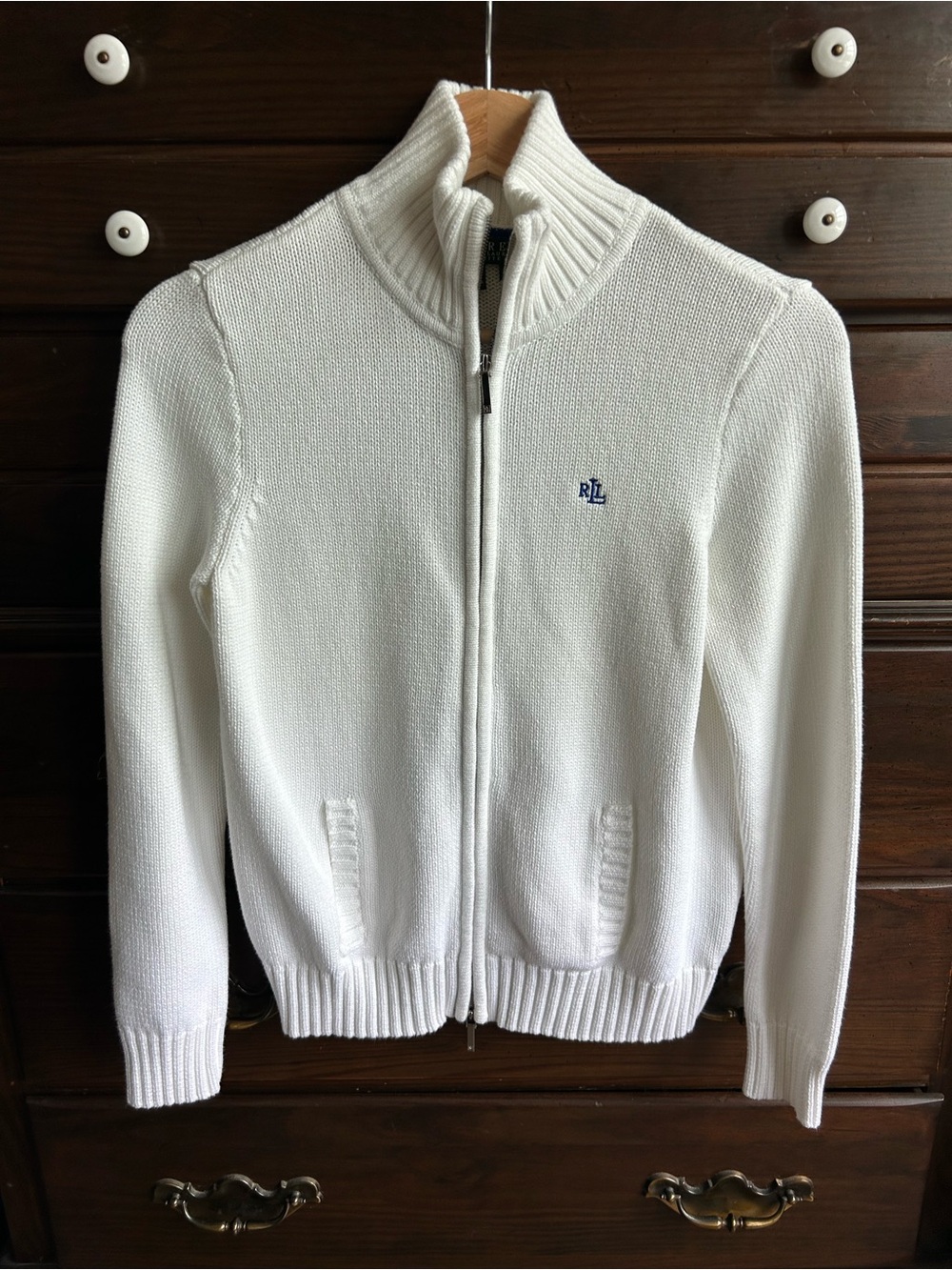 Ralph Lauren Cream Full-Zip Ribbed Collar Sweater
